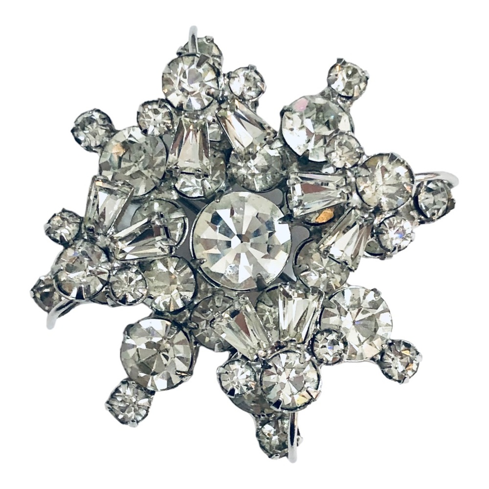 Vintage Juliana D&E Brooch Clear Rhinestone Tiered Silver Tone Pin Snowflake 2”